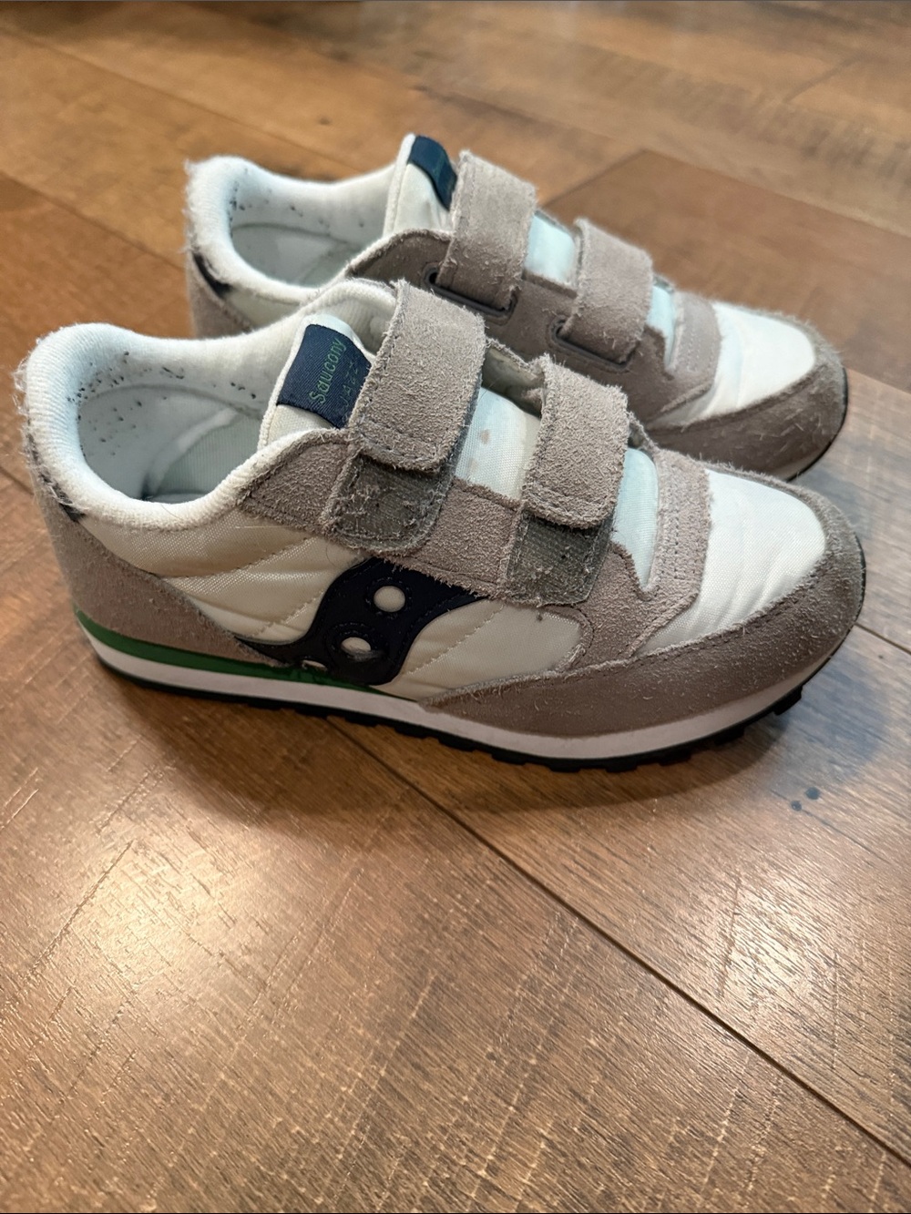Saucony Kids White, Gray & Navy Hook-and-Loop Sneakers with Green Accent